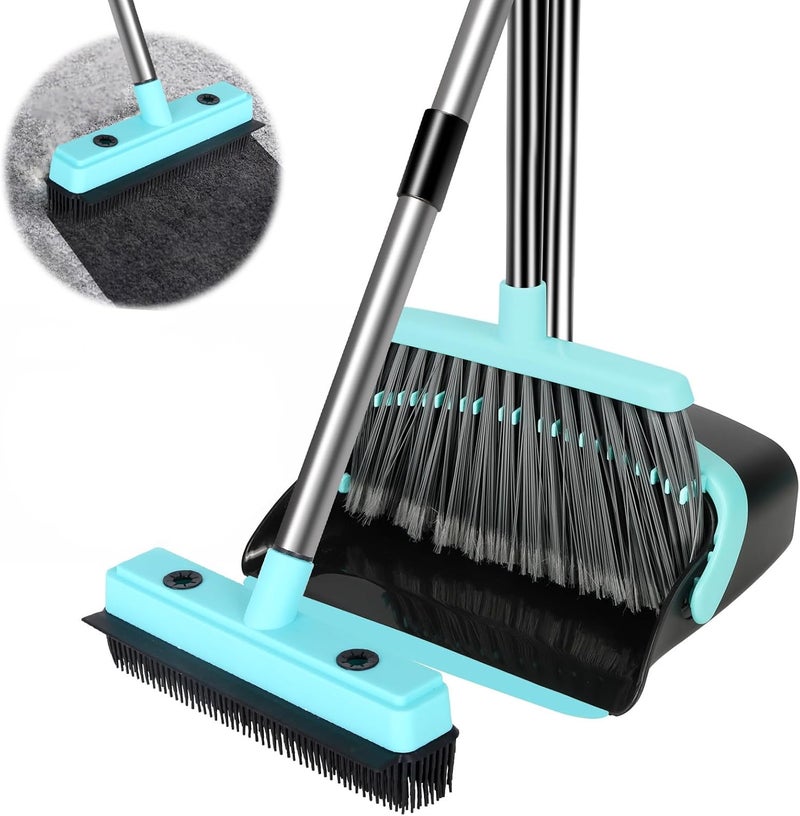 borinlan Broom with Dustpan Combo Set,Pet Hair Rubber Broom with Carpet Rake and Squeegee,Long Handle Broom with Upright Standing Dustpan for Indoor Cleaning (Broom and Rubber Broom) - Image 1
